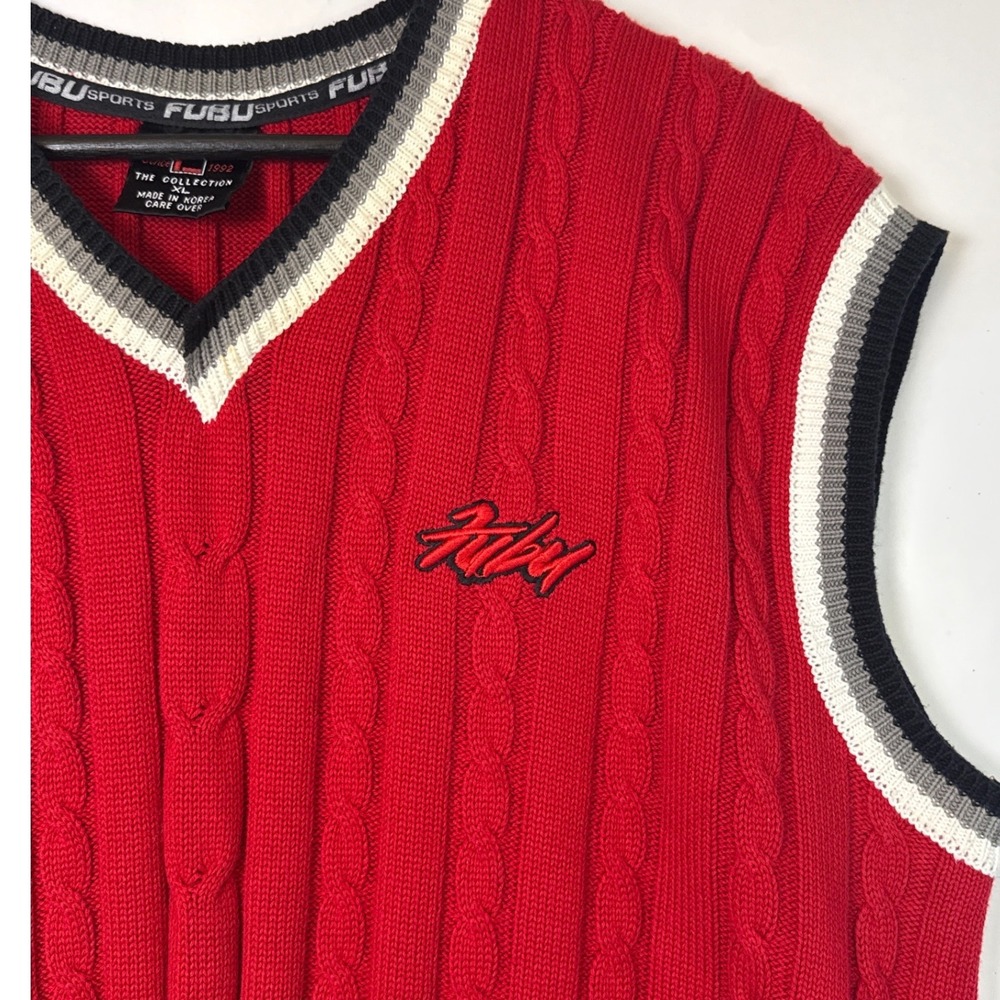 Vintage Y2K FUBU Red Cable Knit Sweater‎ Vest V-Neck Striped XL 90s Streetwear - Picture 4 of 10